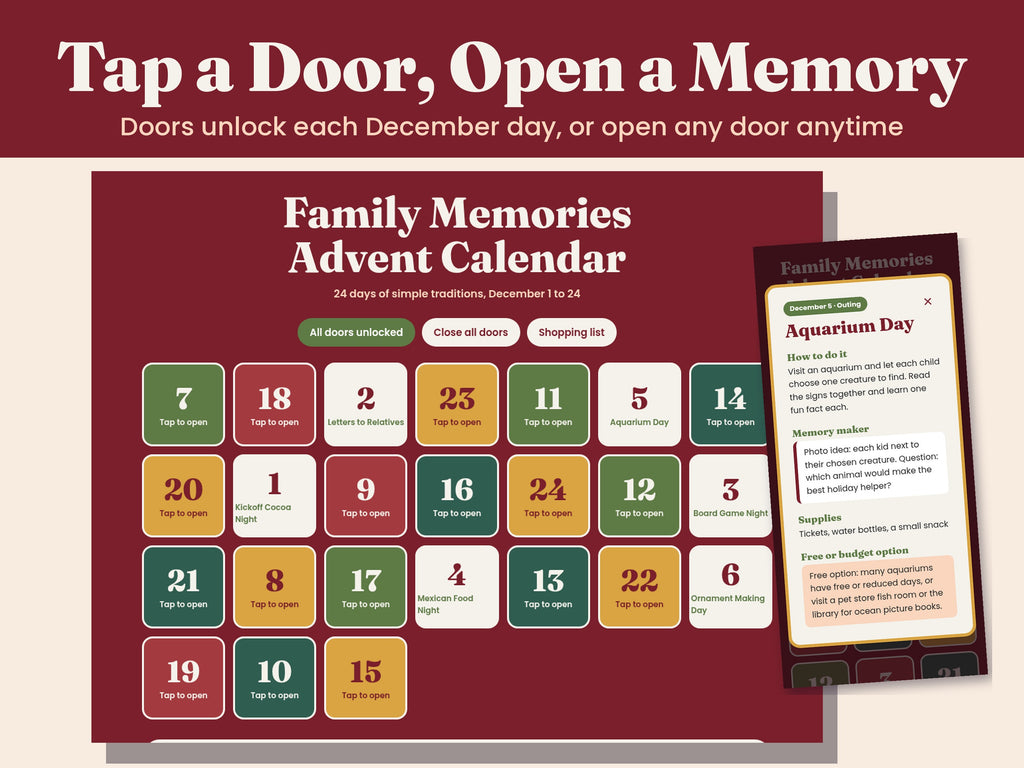 Family Advent Calendar, 24 Christmas Activities for Kids, Clickable Digital and Printable Countdown, Under 50 Dollar Shopping List