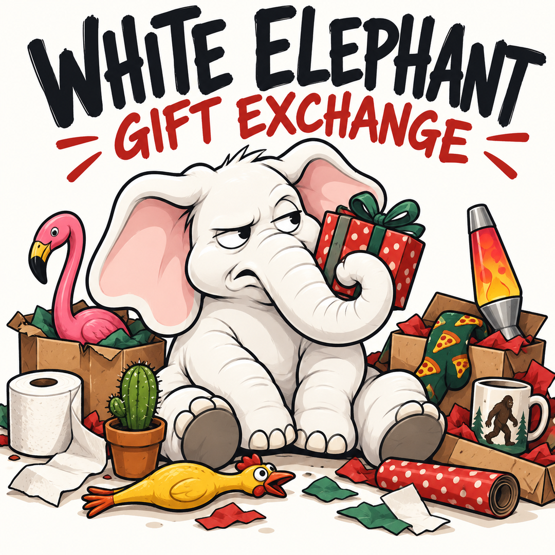 White Elephant Gift Exchange cover art with grumpy elephant
