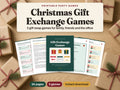 Christmas Gift Exchange Games printable, 26 pages, 5 gift swap games, cover and game pages fanned on a table with wrapped gifts