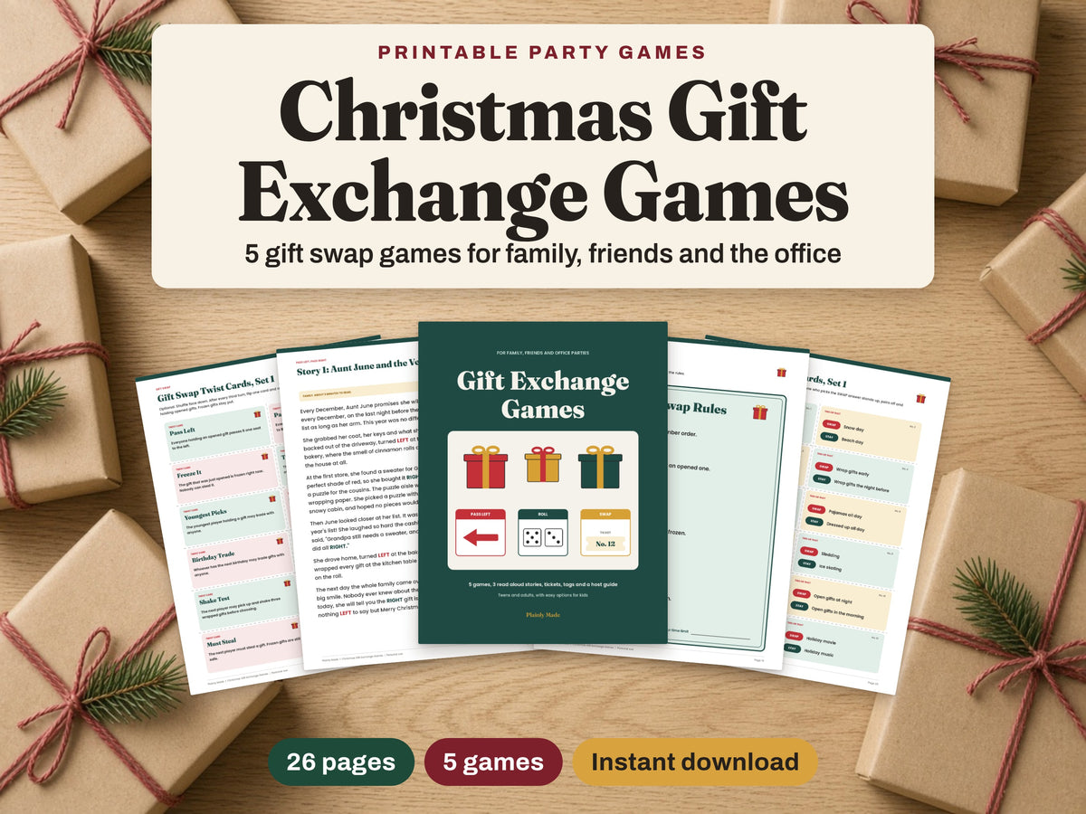 Christmas Gift Exchange Games printable, 26 pages, 5 gift swap games, cover and game pages fanned on a table with wrapped gifts
