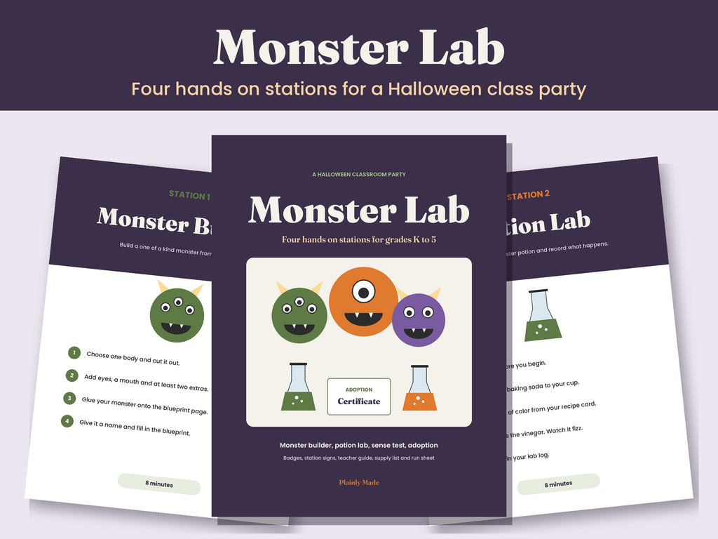 Monster Lab: Halloween Class Party Stations, Grades K to 5, Printable PDF