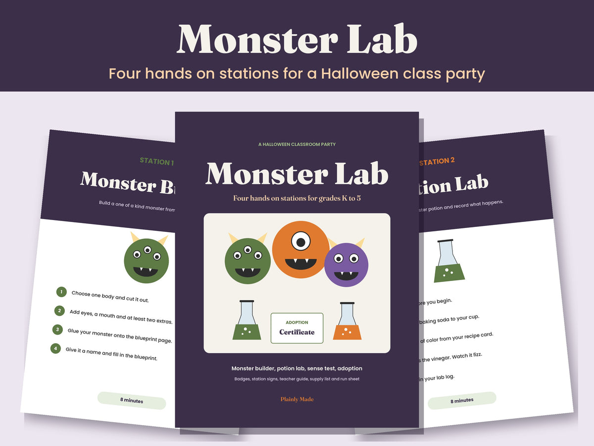 Monster Lab: Halloween Class Party Stations, Grades K to 5, Printable PDF