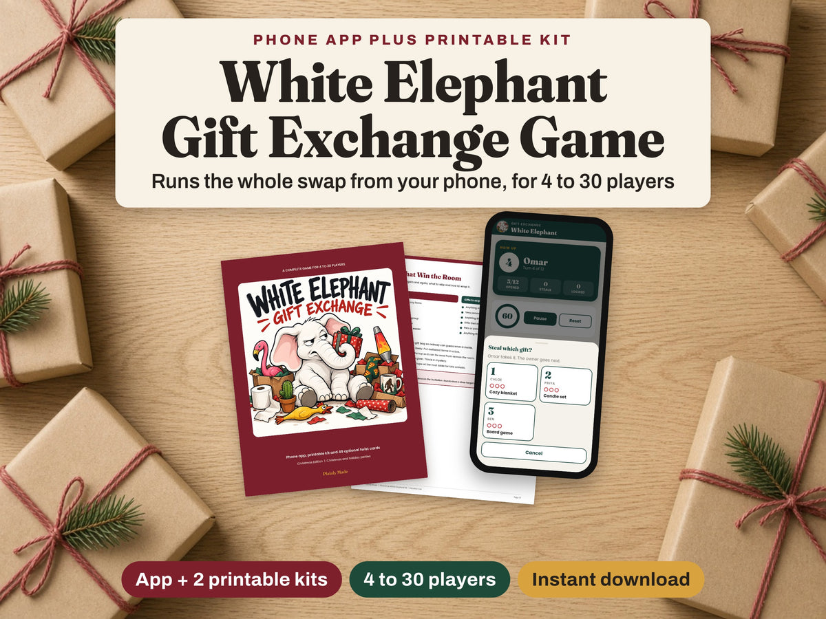White Elephant Gift Exchange Game with phone app and printable kit for 4 to 30 players