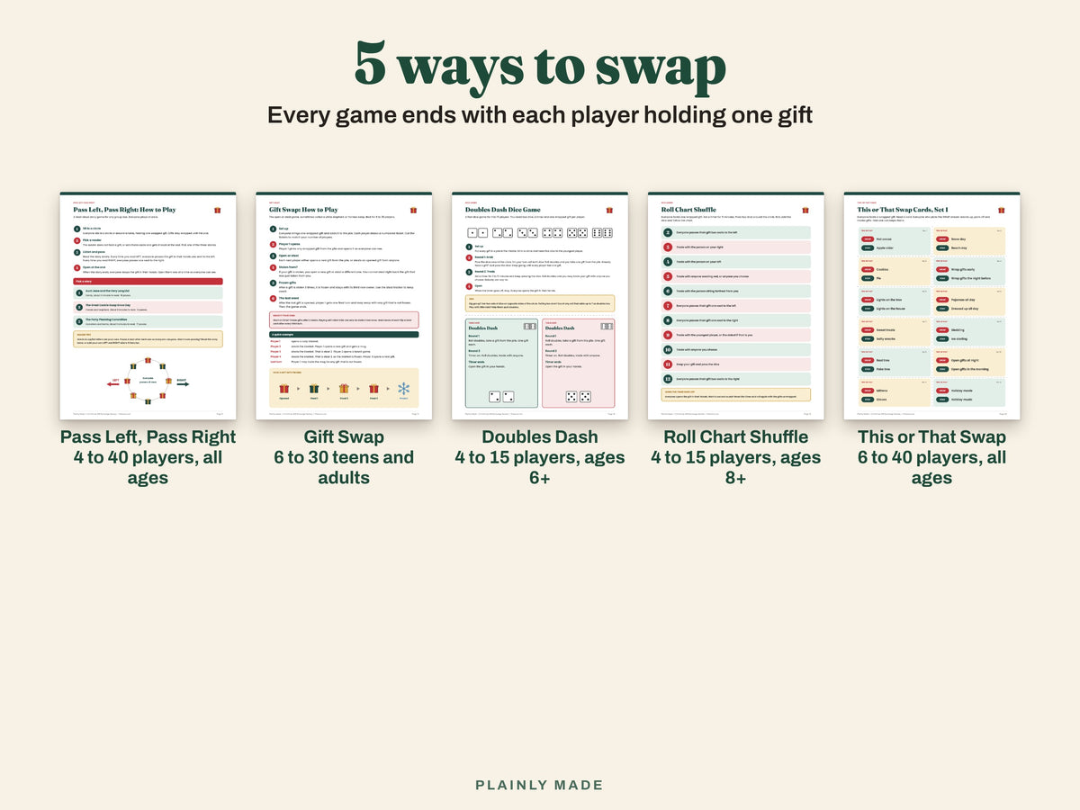 The 5 gift swap games with player counts and ages for each