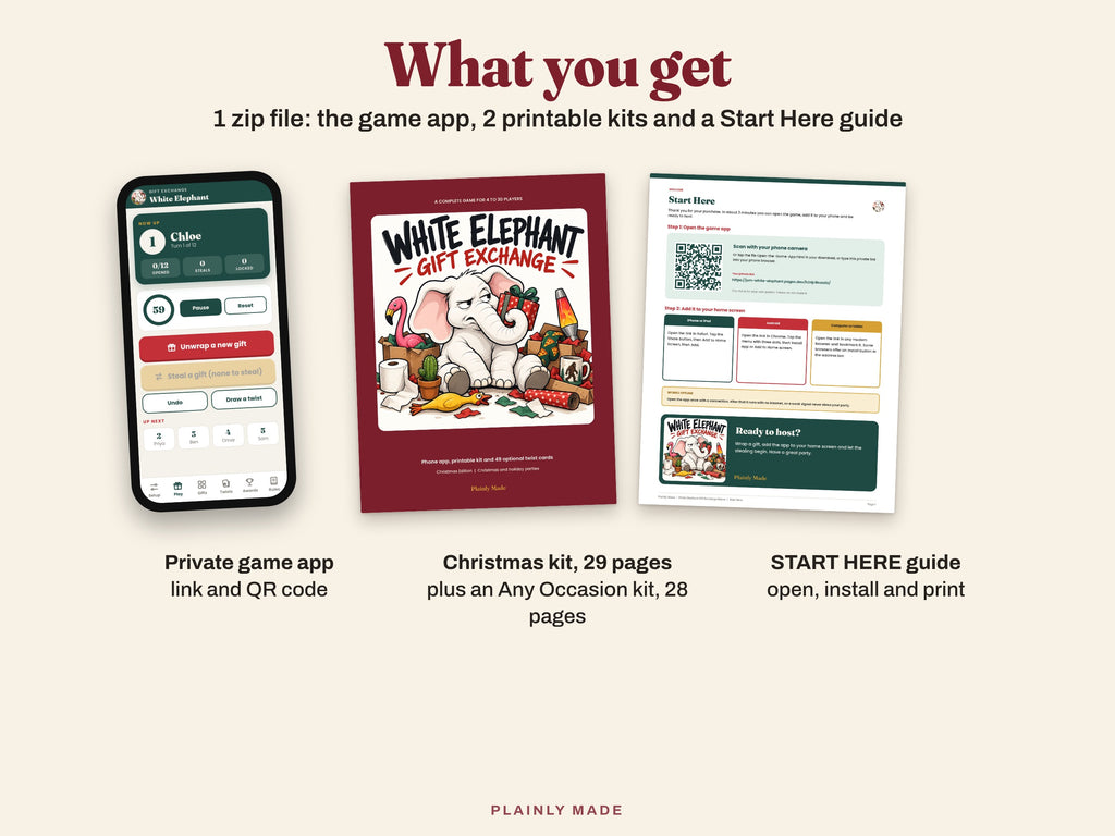 What you get: private game app, Christmas kit 29 pages, Any Occasion kit 28 pages, Start Here guide
