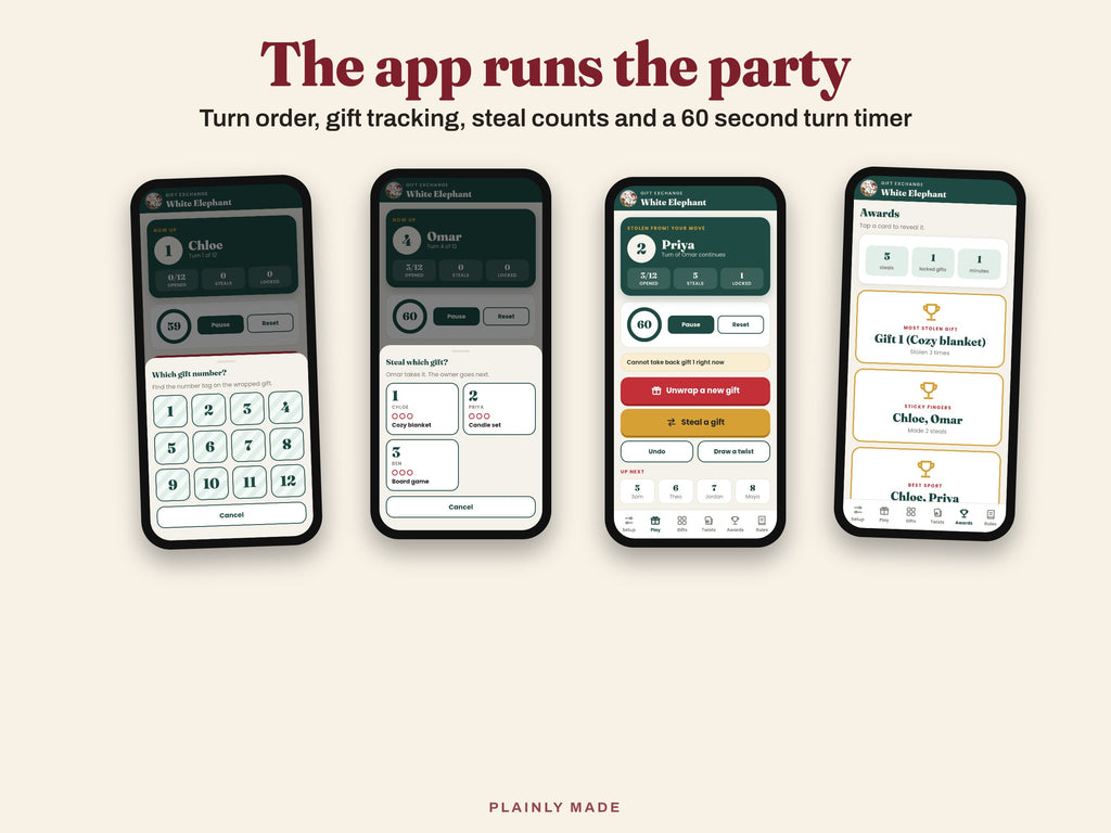 Game app screens: unwrap, steal, locked gift and awards