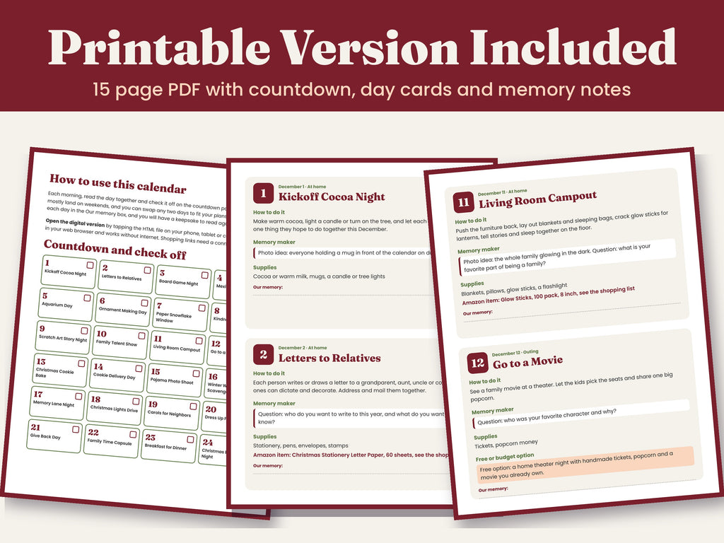 Family Advent Calendar, 24 Christmas Activities for Kids, Clickable Digital and Printable Countdown, Under 50 Dollar Shopping List
