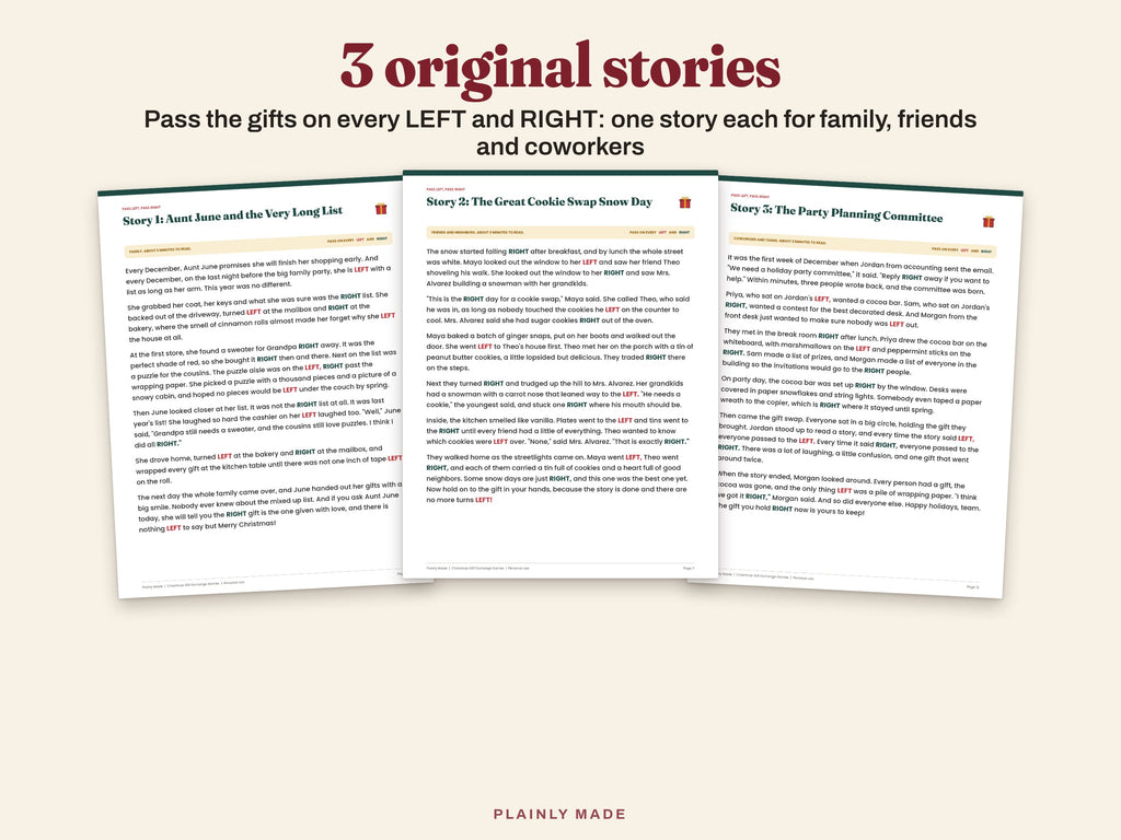 Three original Pass Left Pass Right Christmas stories for family, friends and coworkers