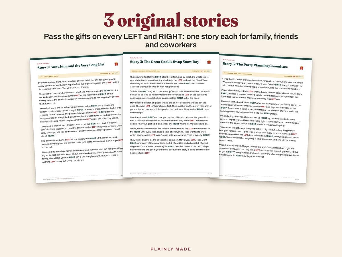 Three original Pass Left Pass Right Christmas stories for family, friends and coworkers