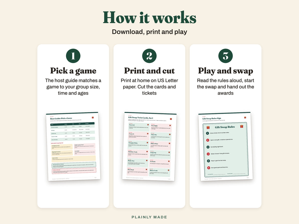 How it works: pick a game, print and cut, play and swap