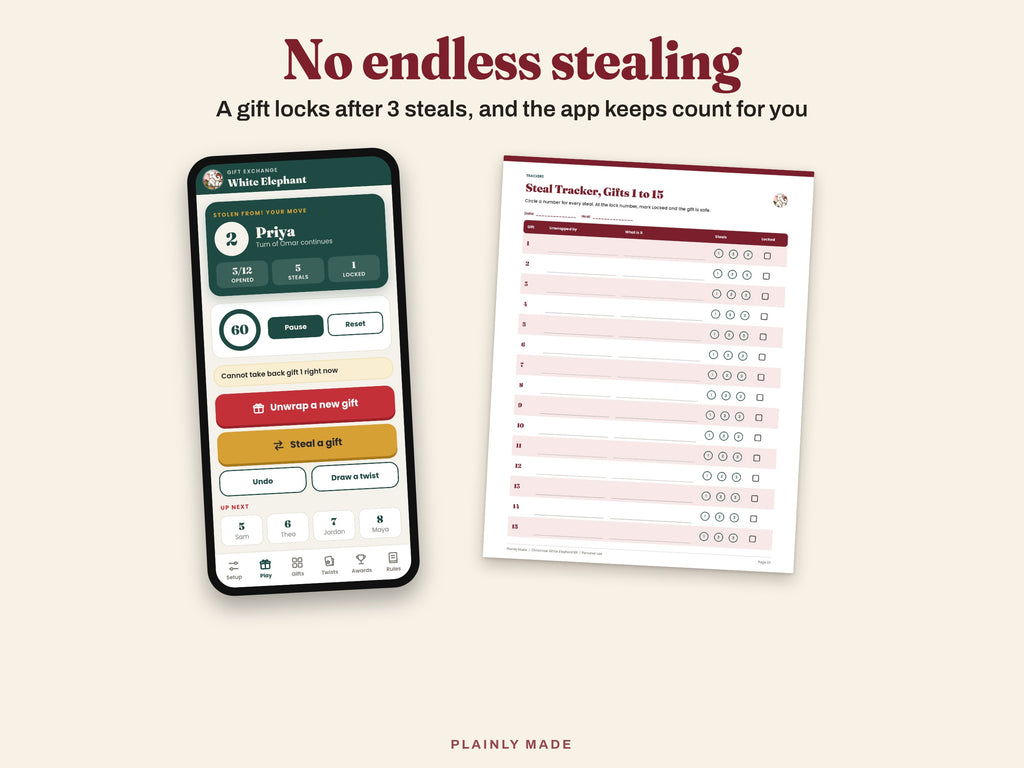 A gift locks after 3 steals; app screen next to the printable steal tracker