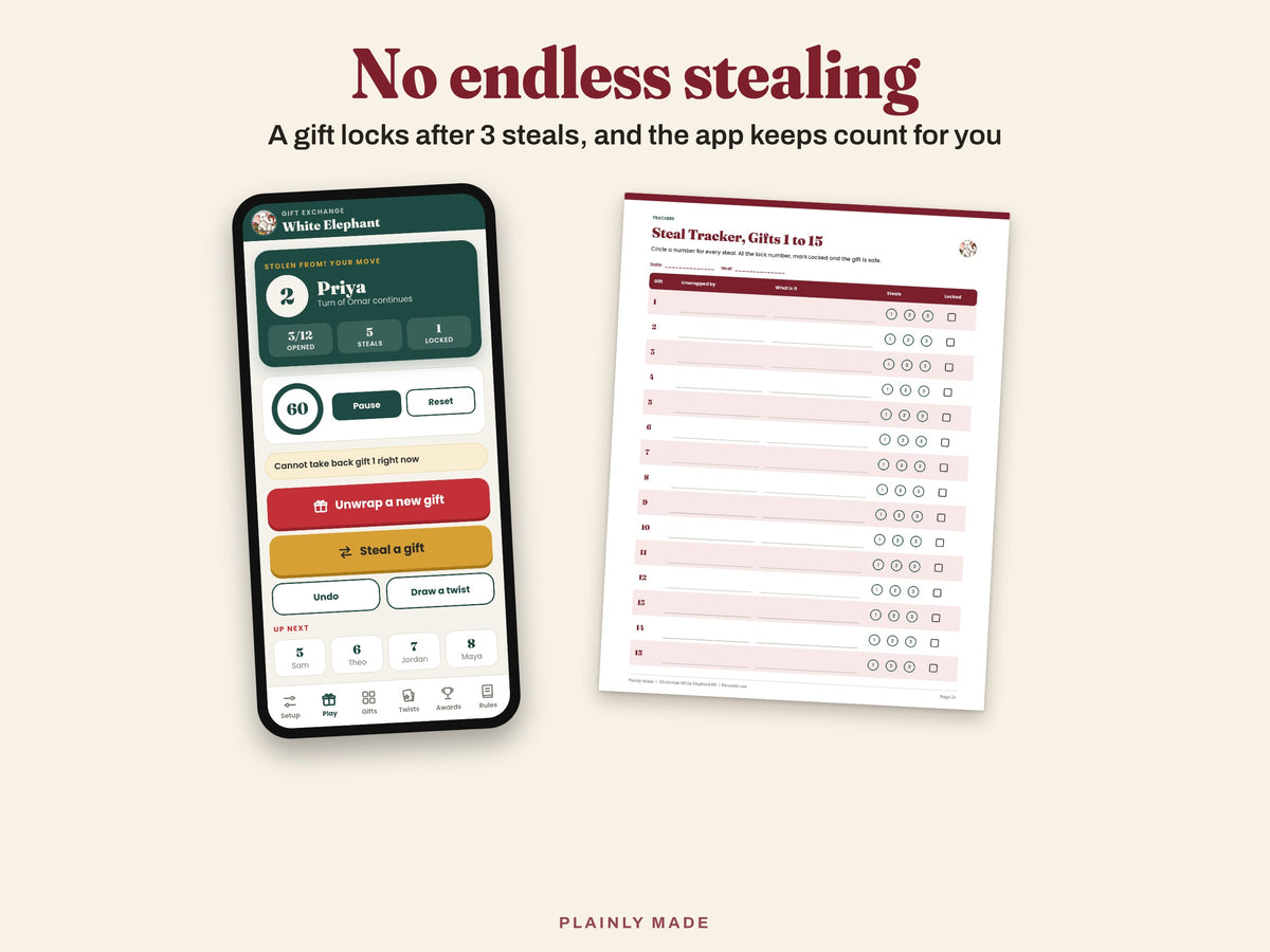 A gift locks after 3 steals; app screen next to the printable steal tracker