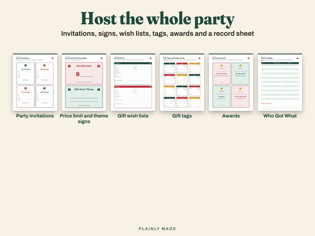 Party invitations, price limit sign, wish lists, gift tags, awards and Who Got What sheet
