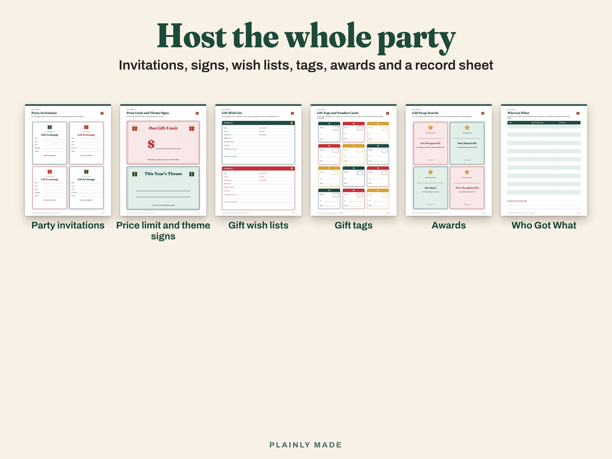 Party invitations, price limit sign, wish lists, gift tags, awards and Who Got What sheet