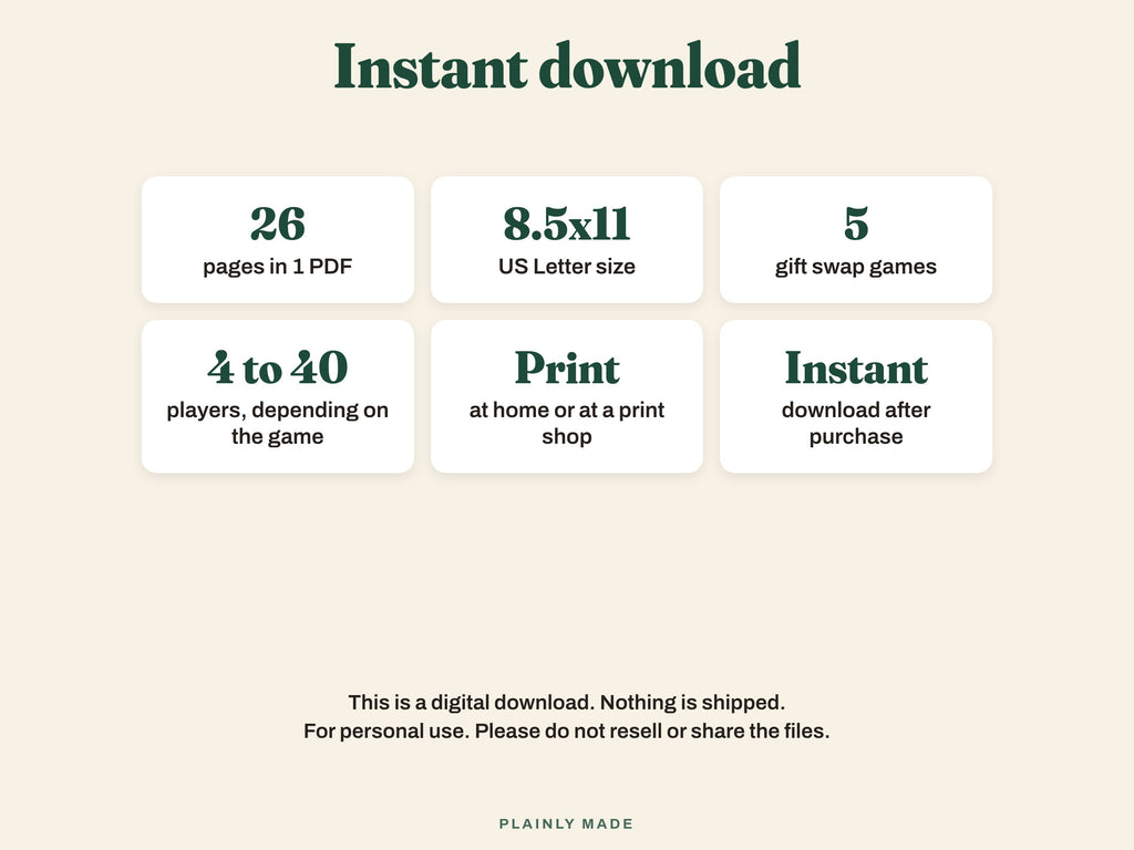 Instant download, 26 page PDF, US Letter 8.5 x 11, print at home or at a print shop