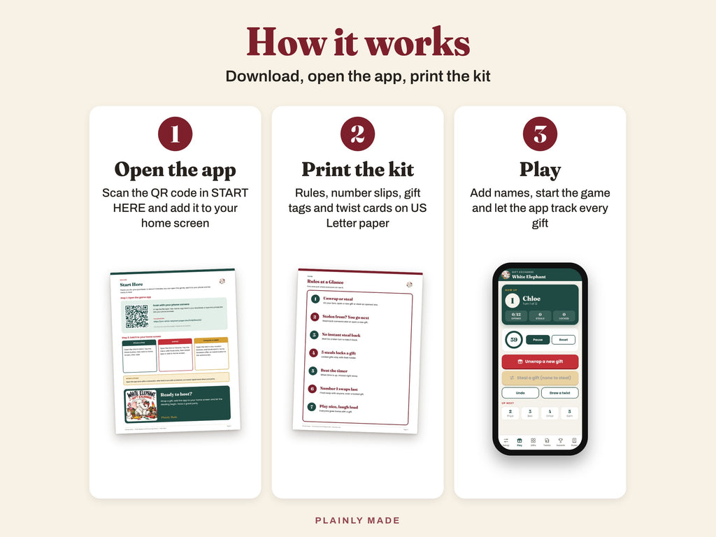 How it works: open the app, print the kit, play