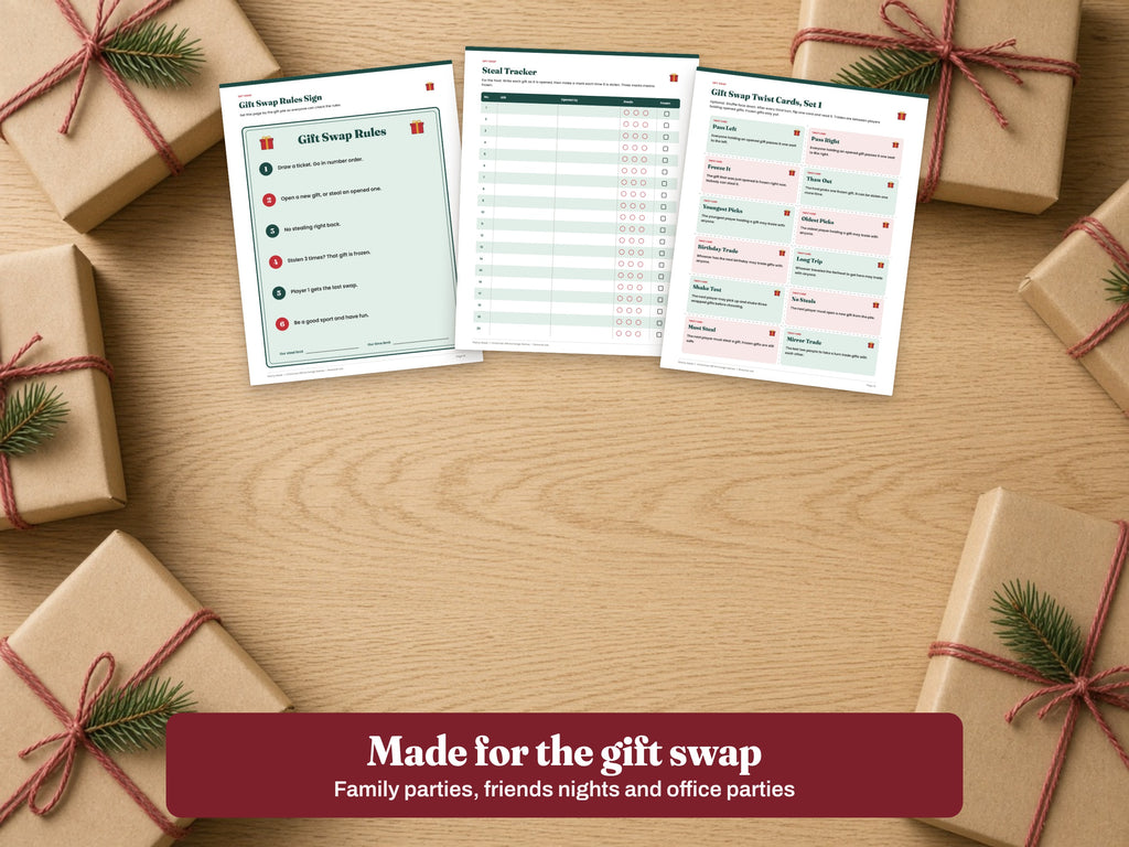 Gift Swap rules sign, steal tracker and twist cards on a holiday table