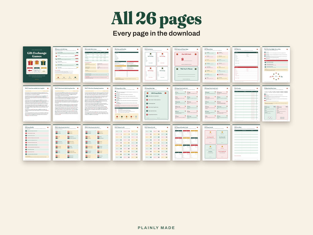 All 26 pages of the Christmas Gift Exchange Games printable