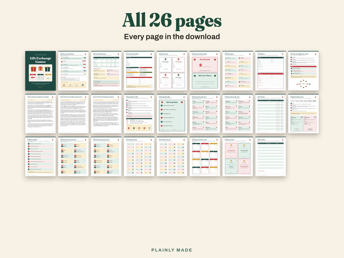 All 26 pages of the Christmas Gift Exchange Games printable