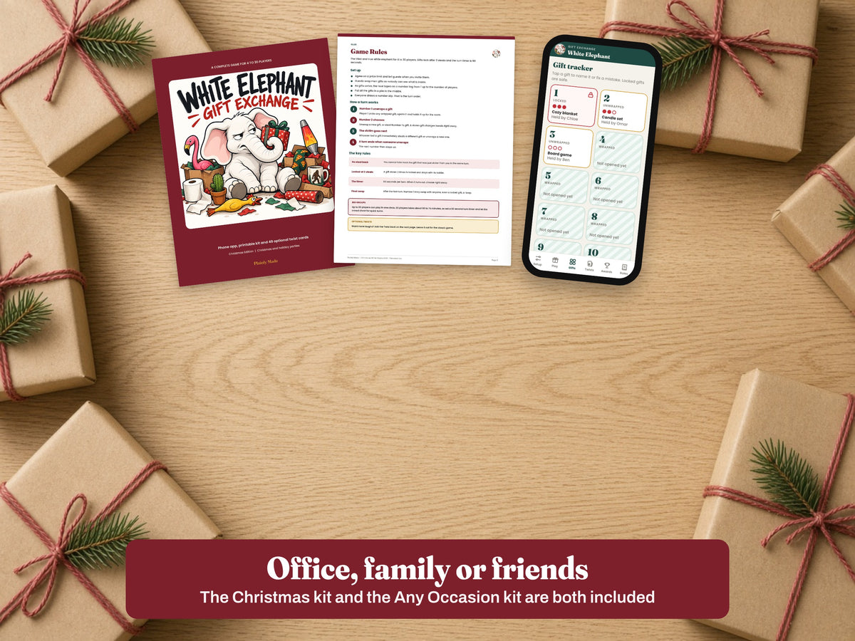 Christmas kit and game app on a table with wrapped gifts
