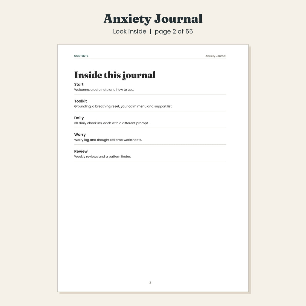 Anxiety Journal with Worry Log and Daily Check In Prompts, Printable and Digital PDF