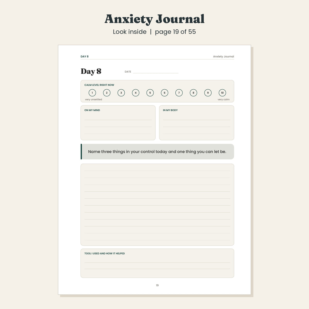 Anxiety Journal with Worry Log and Daily Check In Prompts, Printable and Digital PDF