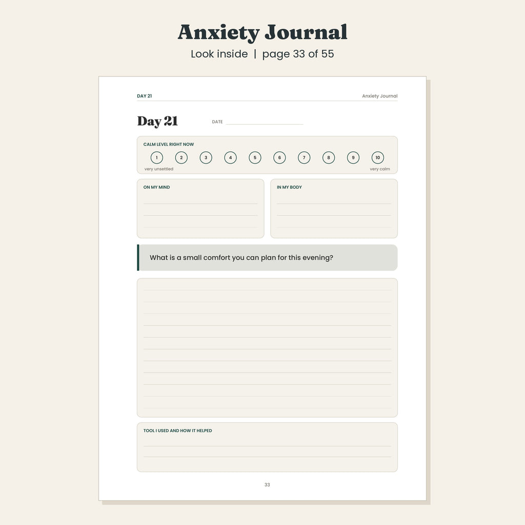 Anxiety Journal with Worry Log and Daily Check In Prompts, Printable and Digital PDF
