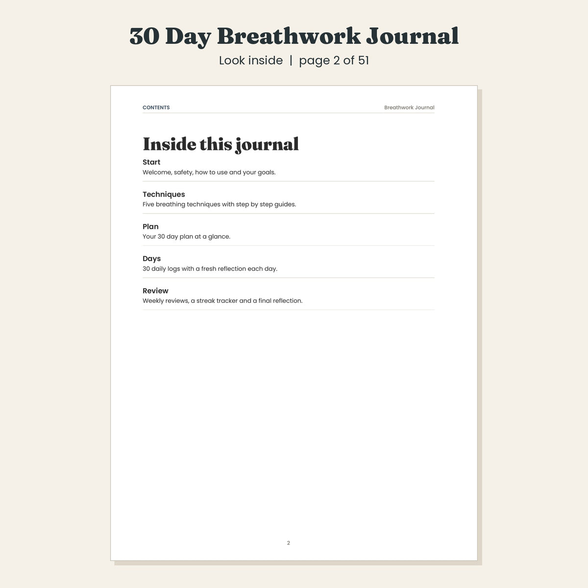 30 Day Breathwork Journal with Five Guided Techniques, Printable and Digital PDF