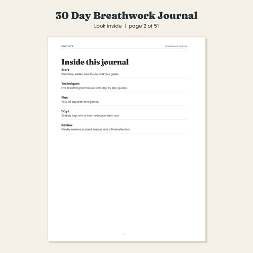 30 Day Breathwork Journal with Five Guided Techniques, Printable and Digital PDF