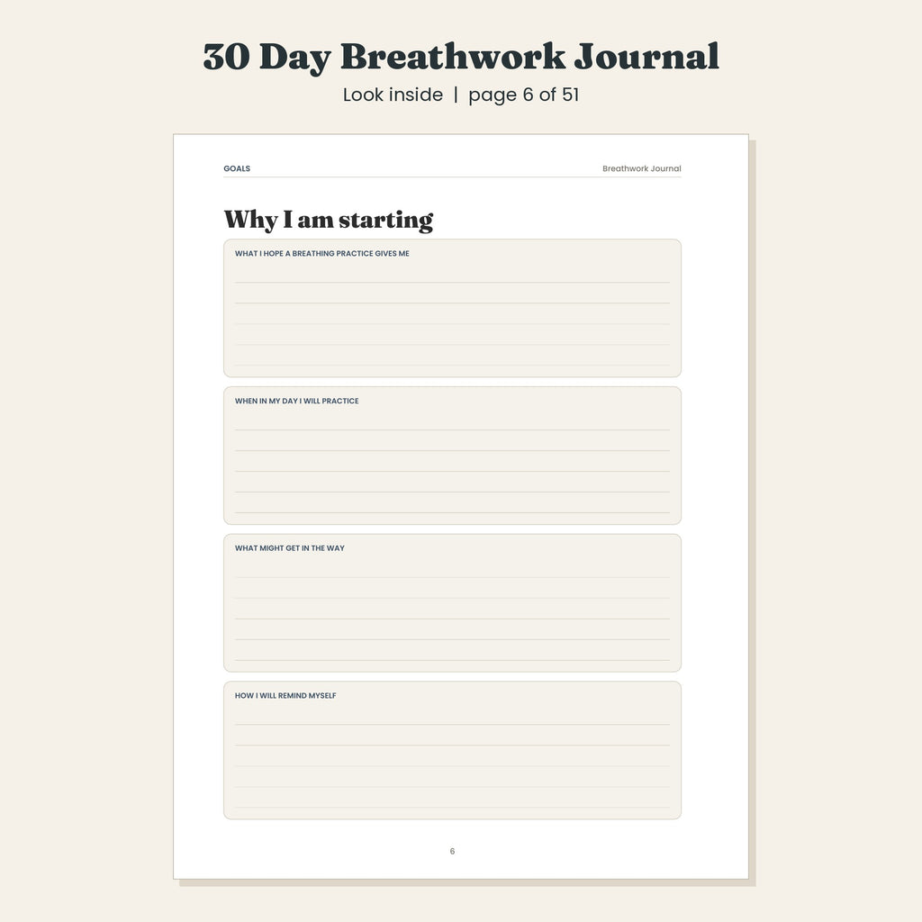 30 Day Breathwork Journal with Five Guided Techniques, Printable and Digital PDF