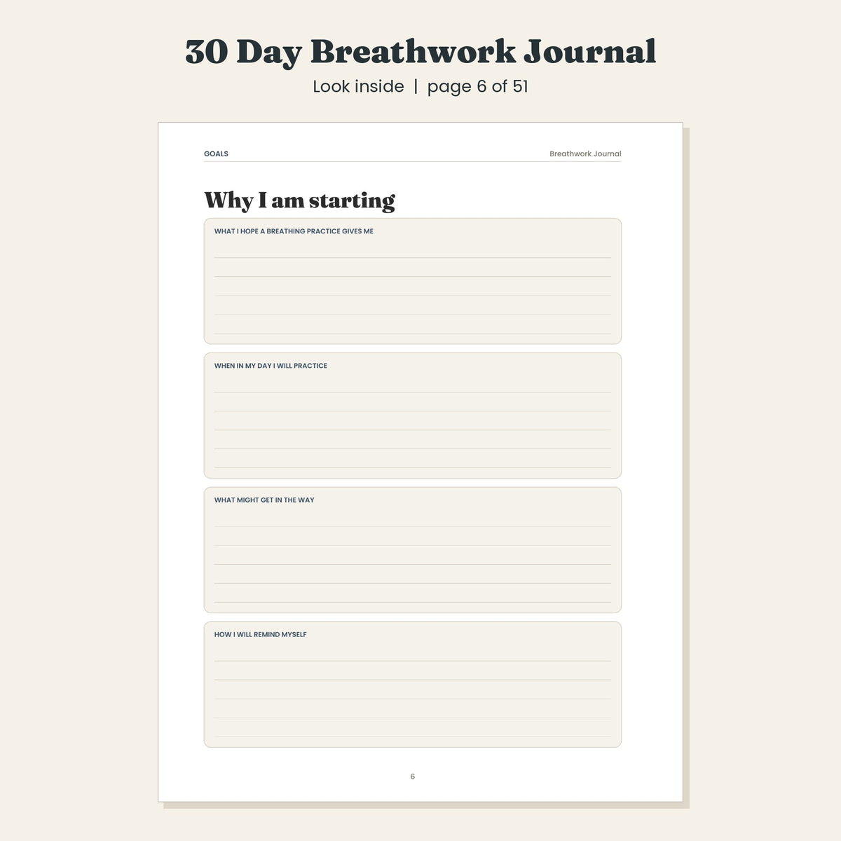 30 Day Breathwork Journal with Five Guided Techniques, Printable and Digital PDF