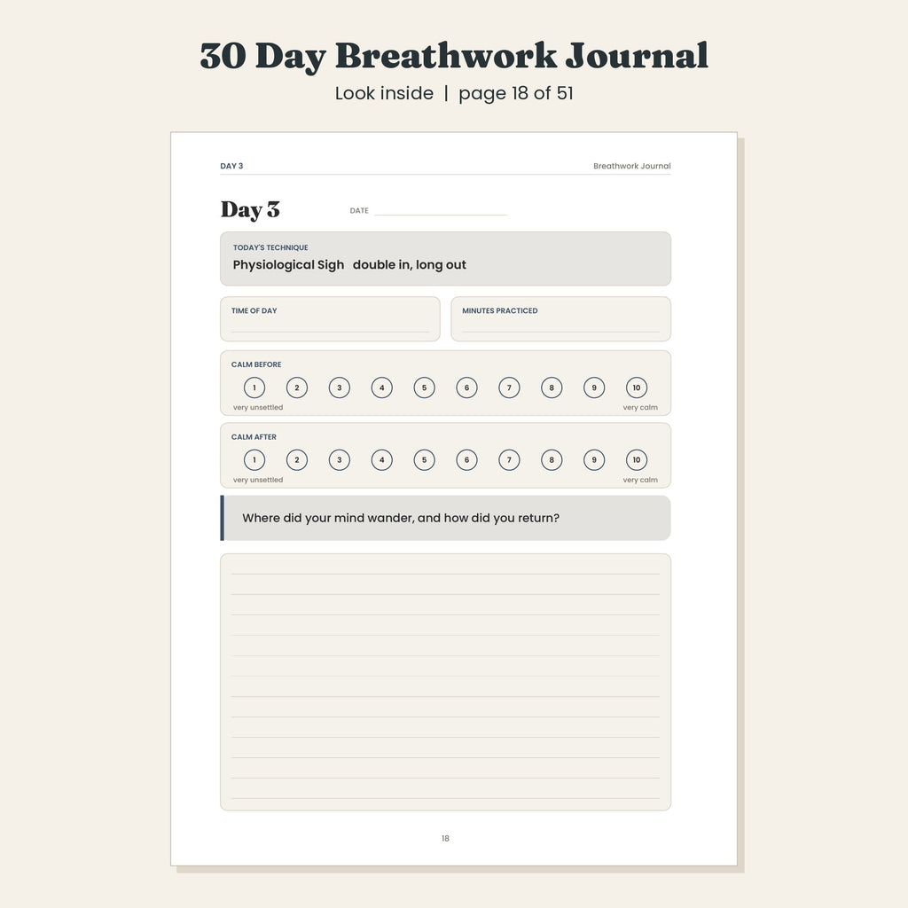 30 Day Breathwork Journal with Five Guided Techniques, Printable and Digital PDF