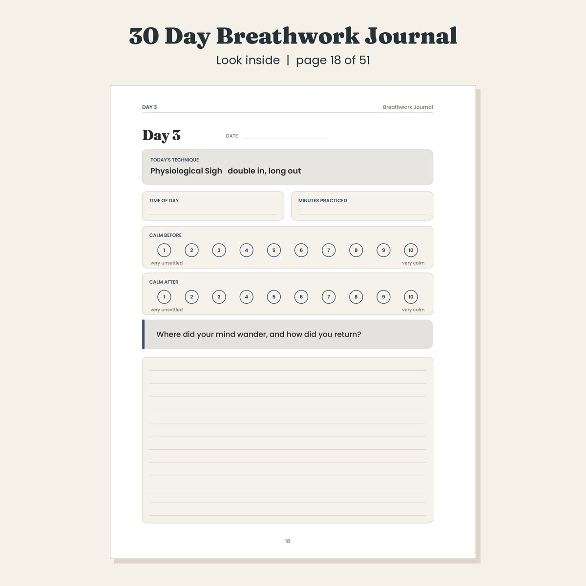 30 Day Breathwork Journal with Five Guided Techniques, Printable and Digital PDF