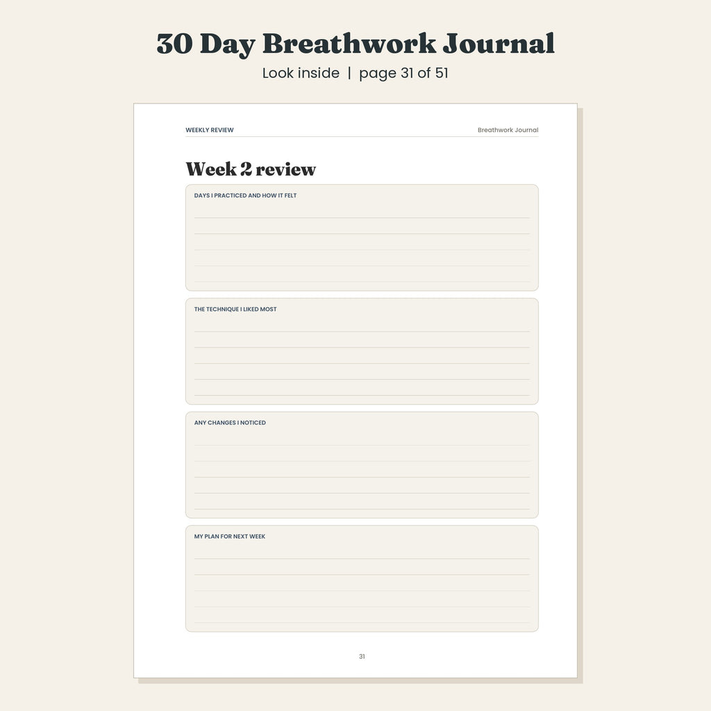 30 Day Breathwork Journal with Five Guided Techniques, Printable and Digital PDF