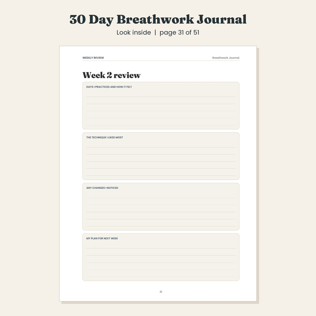 30 Day Breathwork Journal with Five Guided Techniques, Printable and Digital PDF