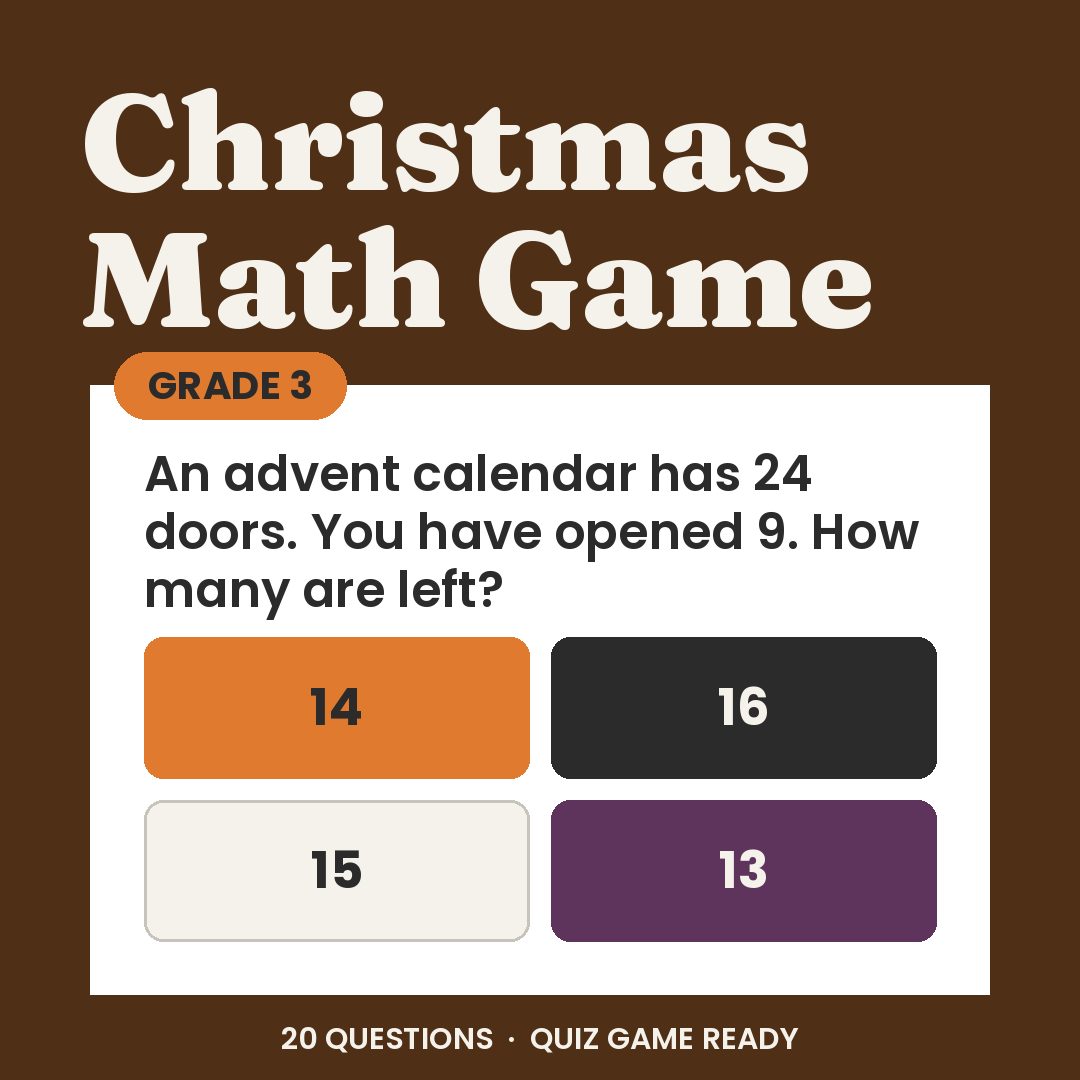 Christmas Math Countdown Quiz Game, Grade 3