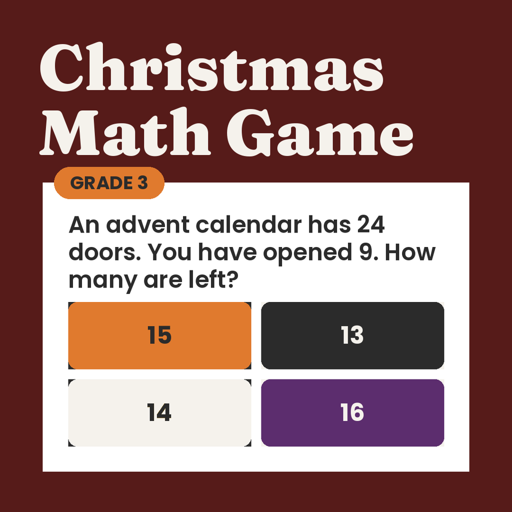 Christmas Math Countdown Quiz Game, Grade 3
