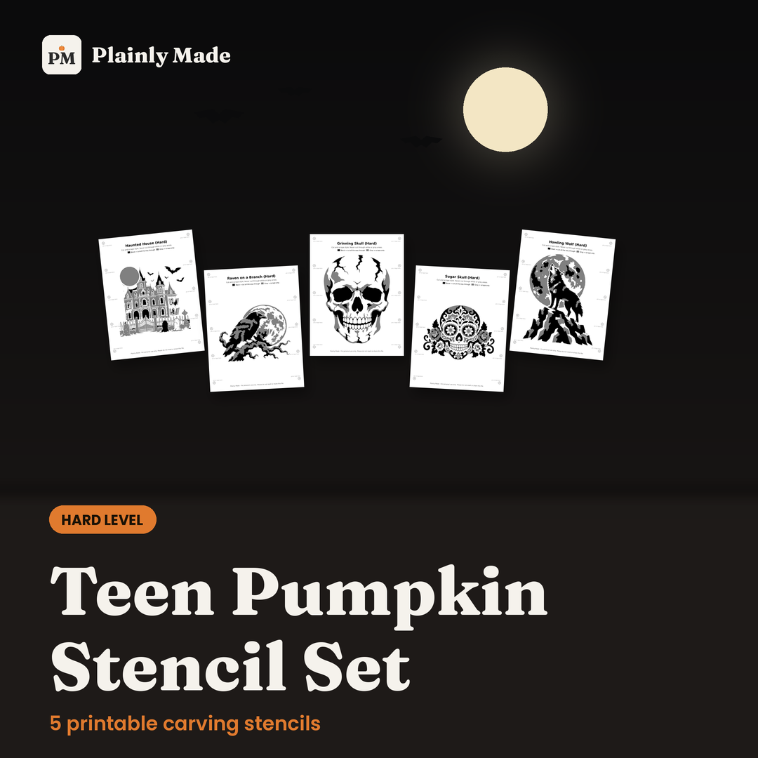 Teen Pumpkin Stencil Set, 5 Hard Printable Carving Patterns