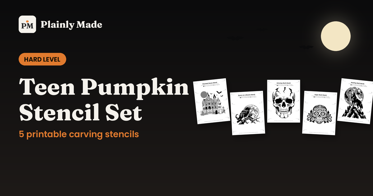 Teen Pumpkin Stencil Set, 5 Hard Printable Carving Patterns