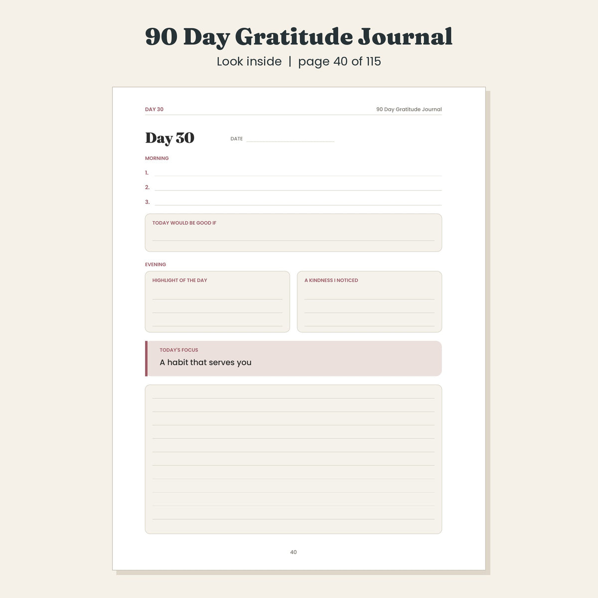 90 Day Gratitude Journal, Guided Morning and Evening Pages, Printable and Digital PDF