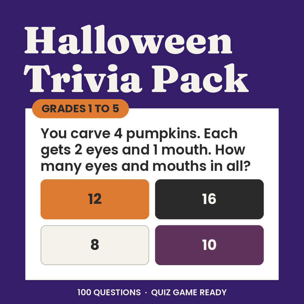 Halloween Trivia Teacher Pack, Grades 1 to 5, 5 Classroom Quiz Games