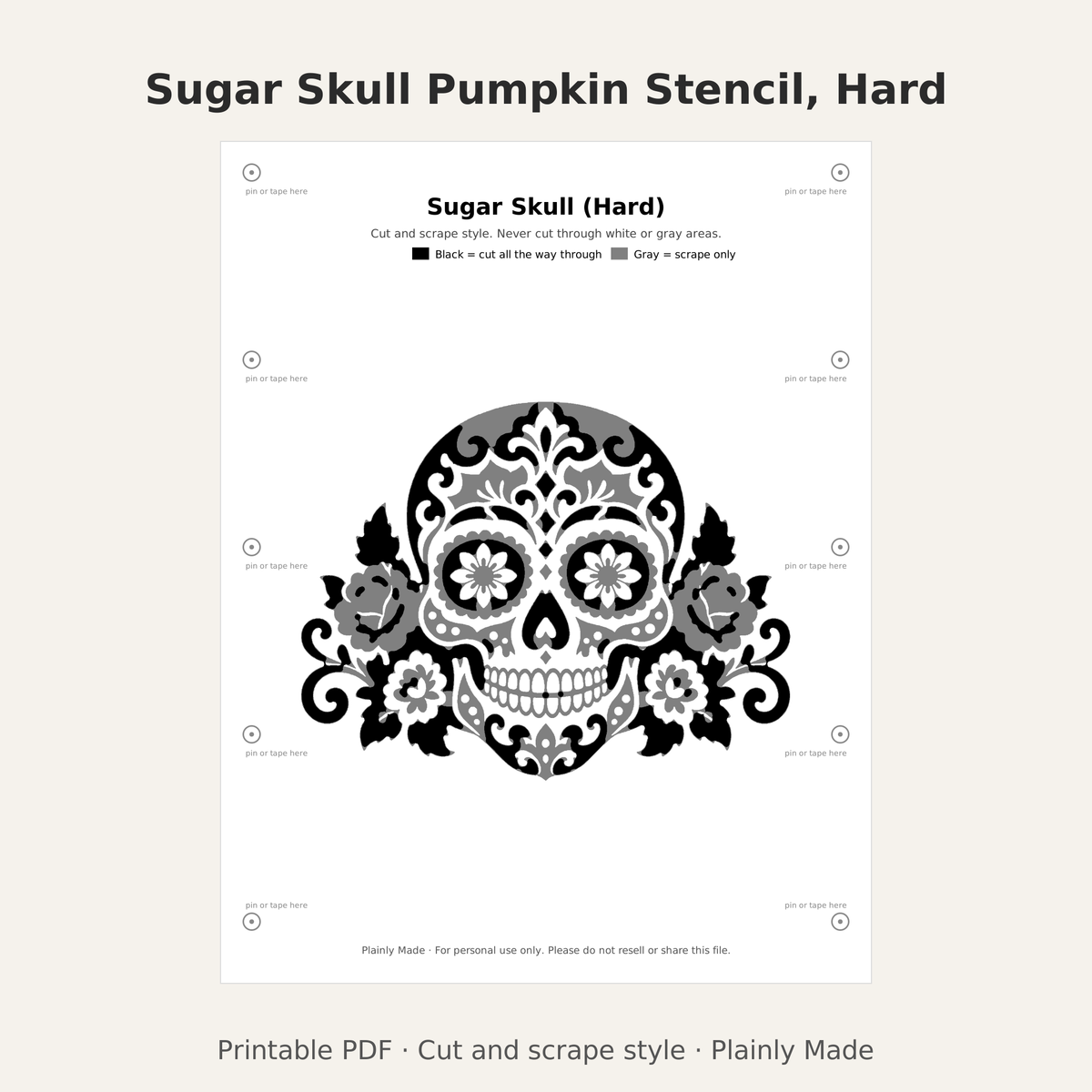 Sugar Skull Pumpkin Stencil, Hard Printable for Teens