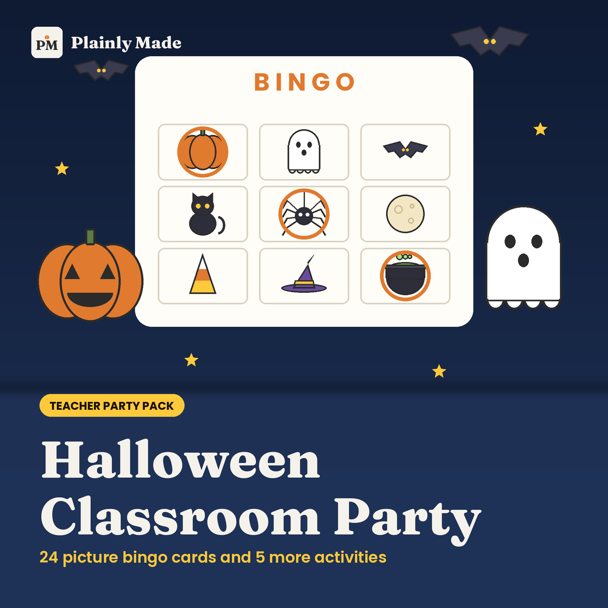 Halloween Classroom Party Pack, 24 Picture Bingo Cards and Games for Teachers
