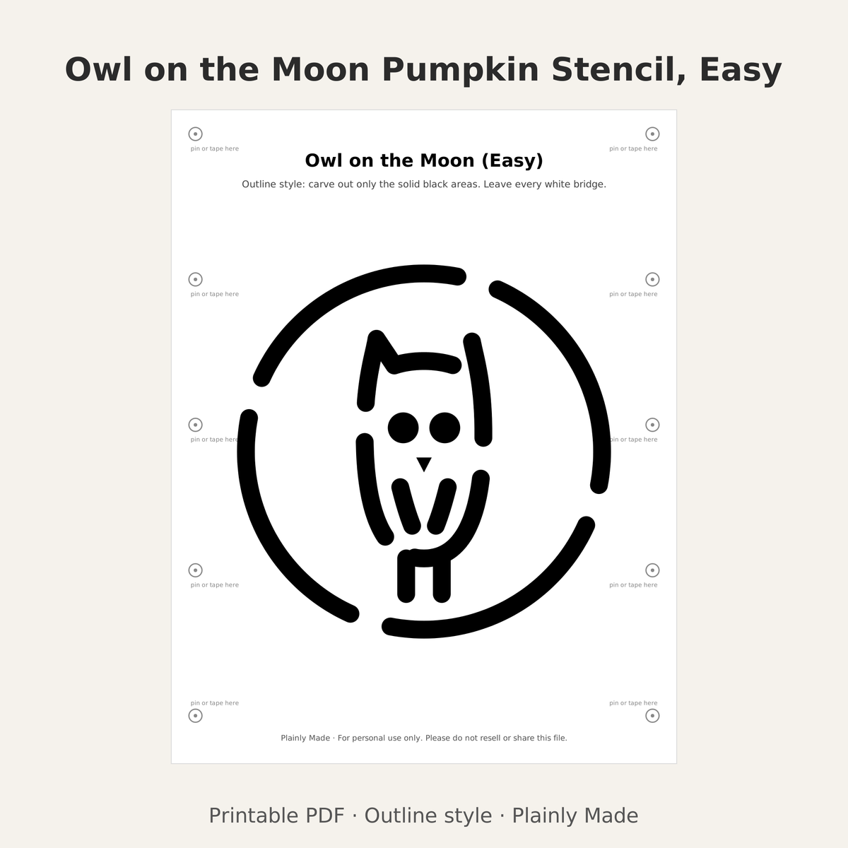 Owl on the Moon Pumpkin Stencil, Easy Outline Printable for Kids