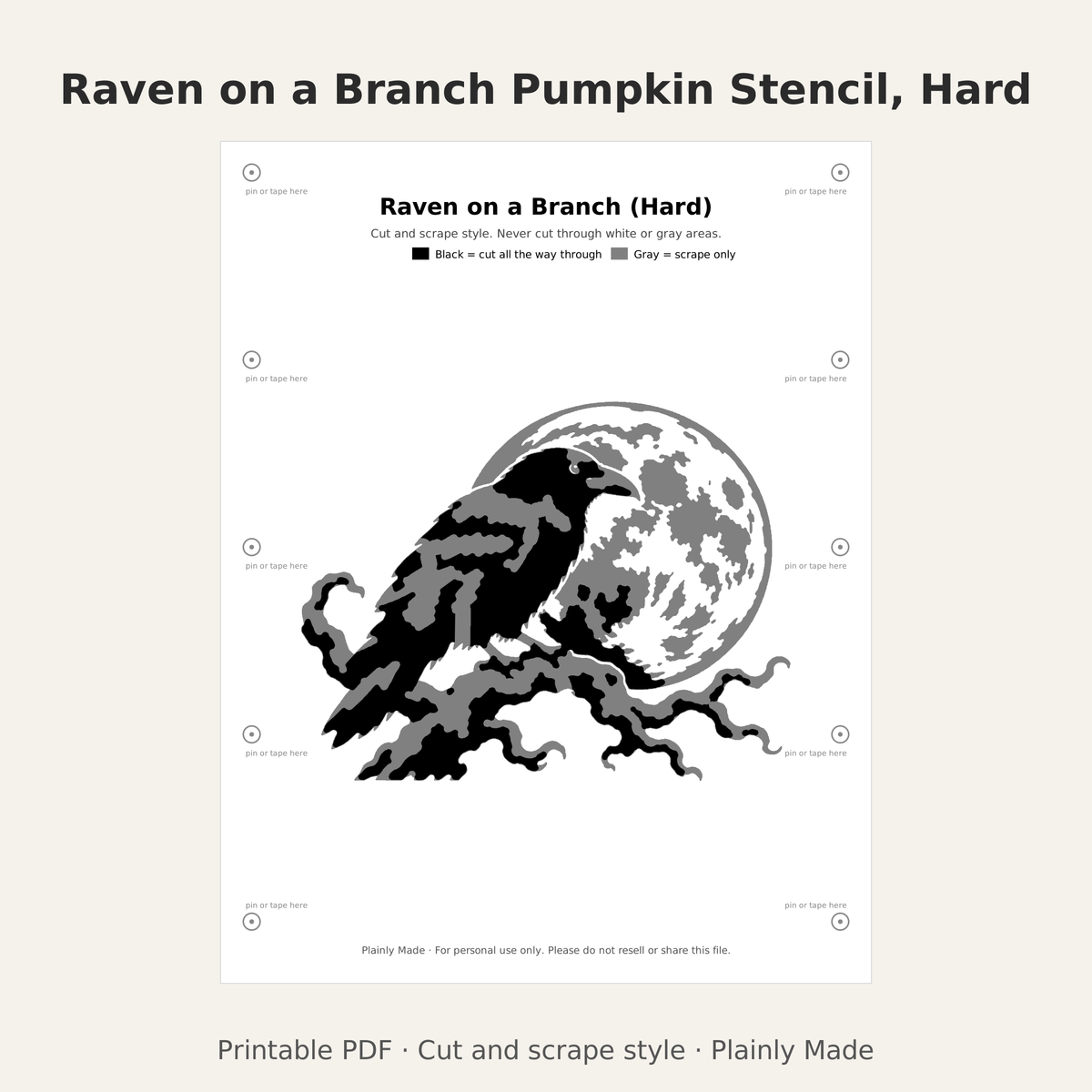 Raven on a Branch Pumpkin Stencil, Hard Printable for Teens