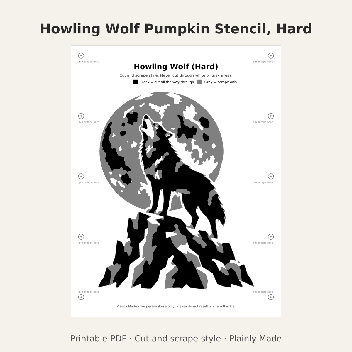 Howling Wolf Pumpkin Stencil, Hard Printable for Teens