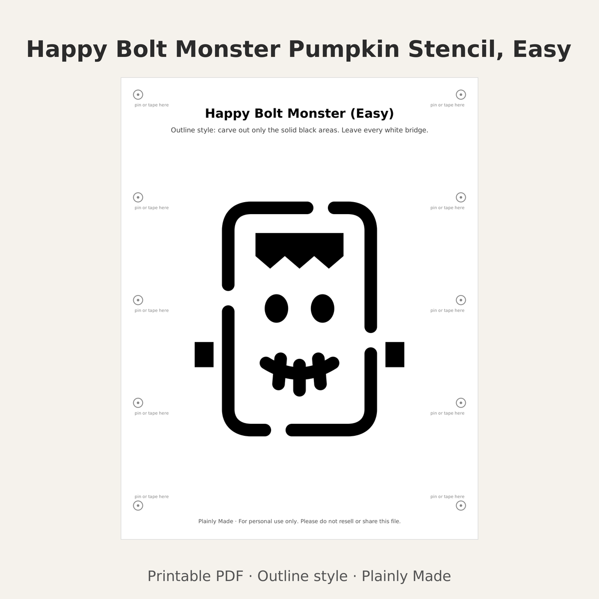 Happy Bolt Monster Pumpkin Stencil, Easy Outline Printable for Kids