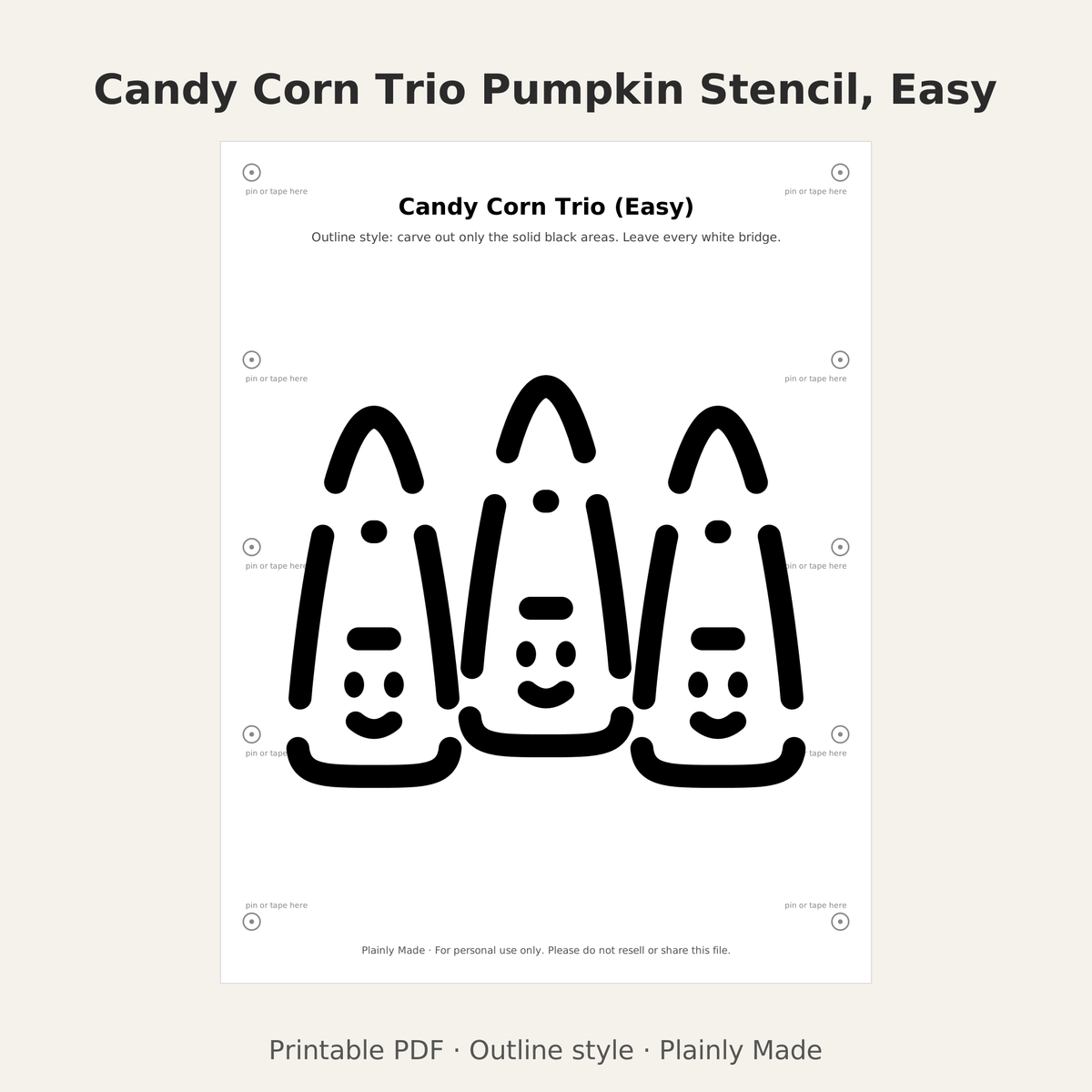 Candy Corn Trio Pumpkin Stencil, Easy Outline Printable for Kids