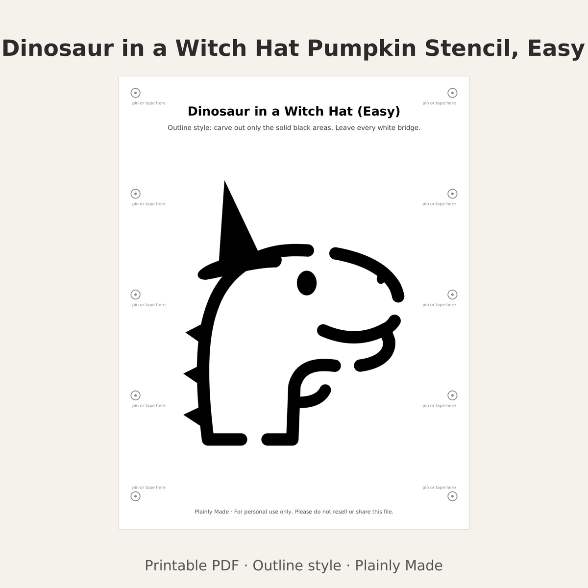 Dinosaur in a Witch Hat Pumpkin Stencil, Easy Outline Printable for Kids