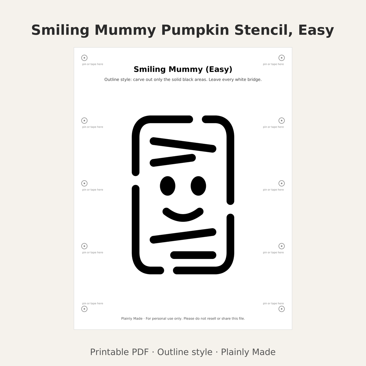 Smiling Mummy Pumpkin Stencil, Easy Outline Printable for Kids